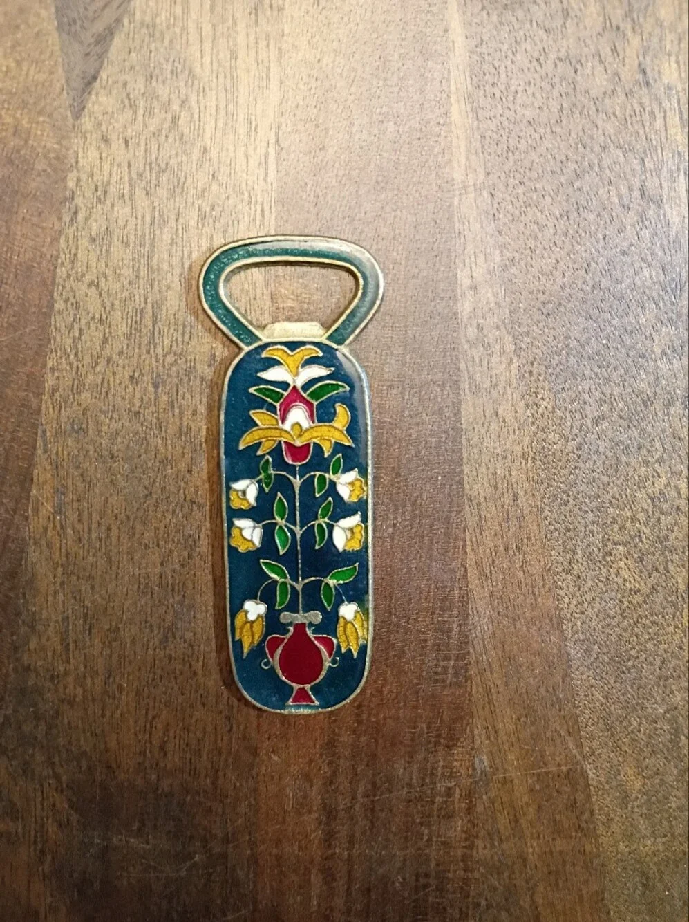 Vintage Cloisonné Floral Brass Bottle Opener Blue Enamel Barware 4.5